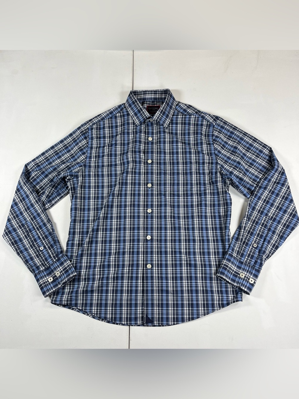 UNTUCKit Montecarlo Blue Plaid Performance Shirt Mens S Long Sleeve Button Down